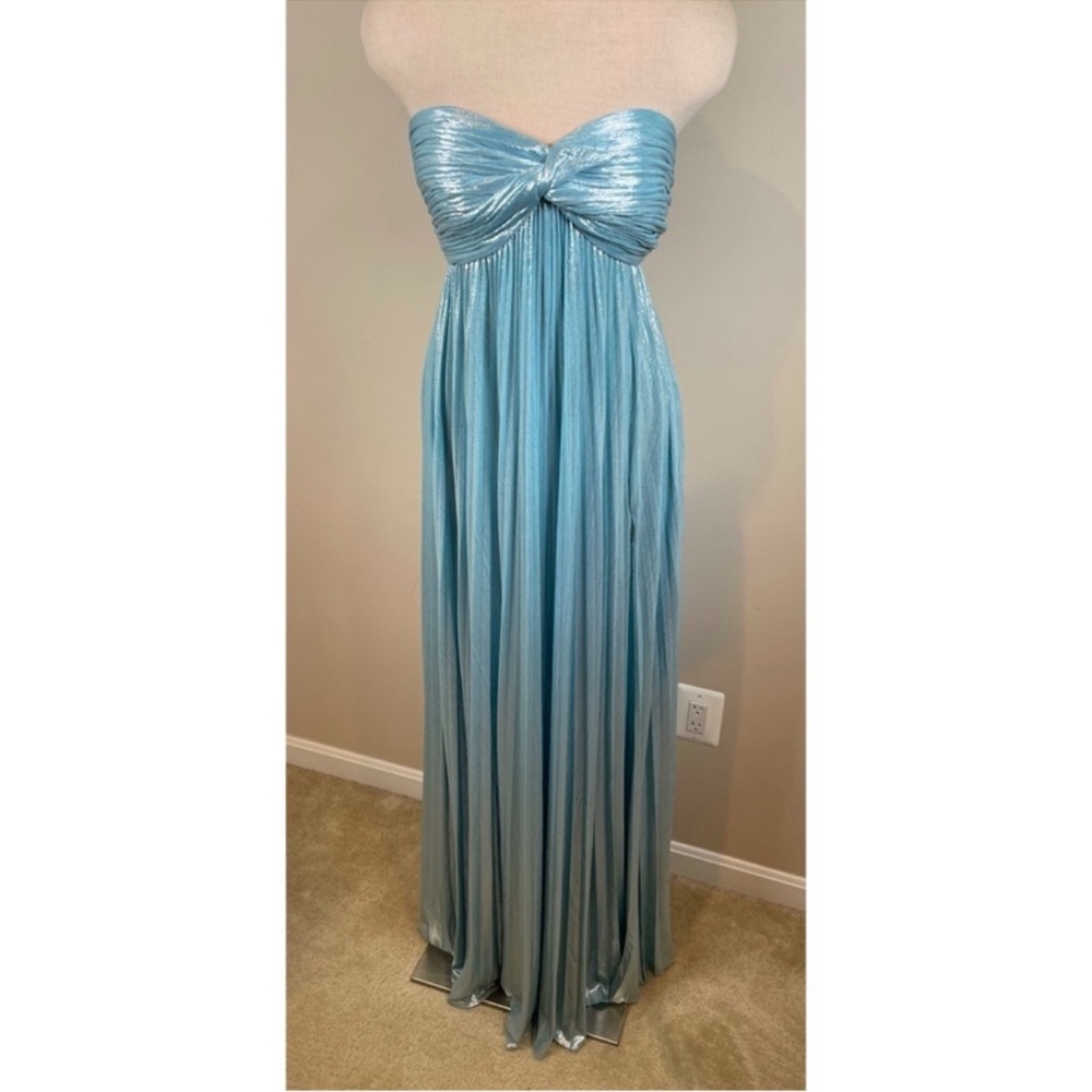RETROFETE Zoa Strapless Pleated Metallic Blue Silver Maxi Dress Size XL - Picture 4 of 9